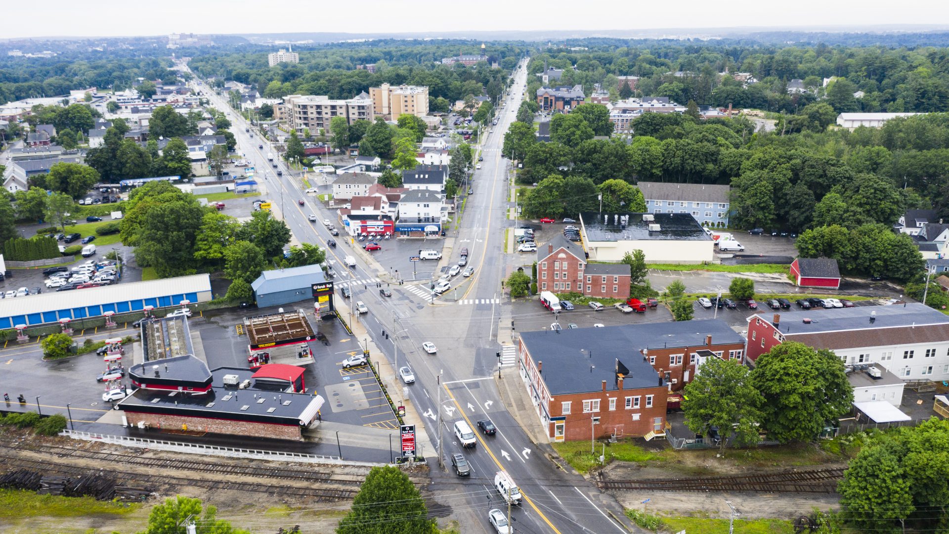 An aerial view of US 302 (Forest Ave.), Allen Ave., and Stevens Ave. in Portland, Maine.
