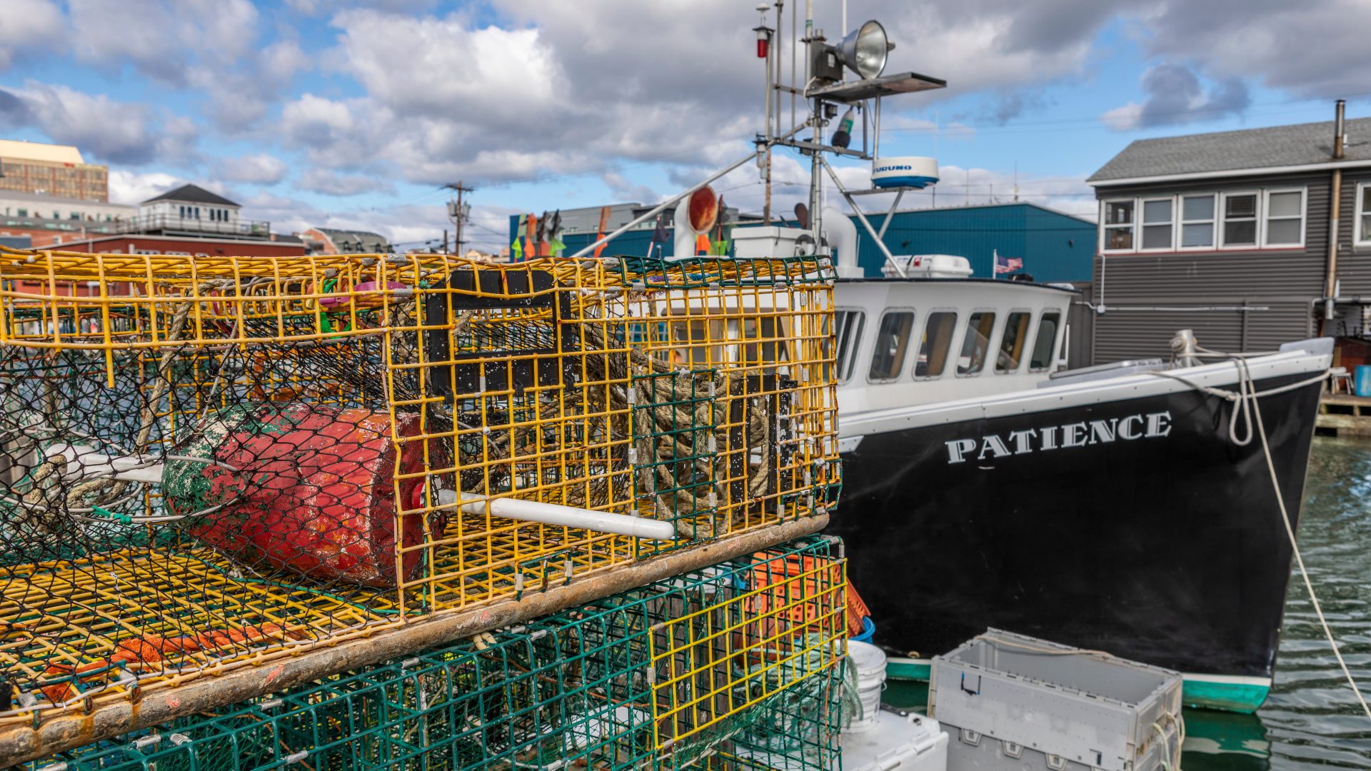 Fishing boats docked on Union Wharf in Portland, Maine.