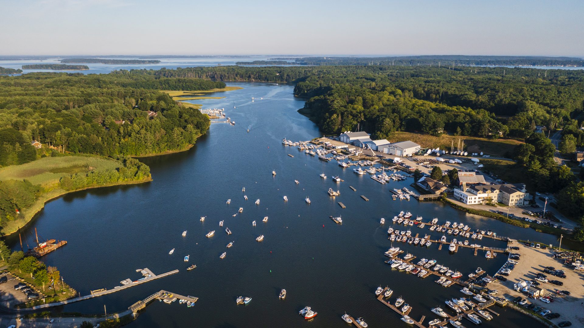 The Yarmouth town boat landing and Yankee Marina on the Royal River in Yarmouth, Maine.